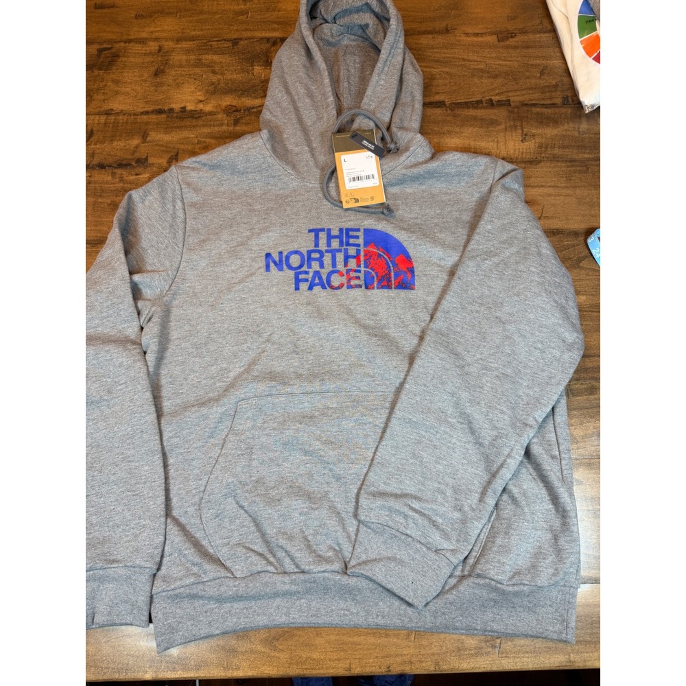 The North Face Mens Memorial Regular Fit Hoodie Grey Blue Red Logo  LG NWT